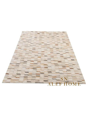 Beige Cowhide Patchwork Rug – Modern Geometric Hair-On Leather Carpet for Home - Alef home