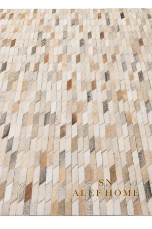 Beige Cowhide Patchwork Rug – Modern Geometric Hair-On Leather Carpet for Home - Alef home