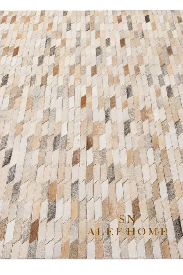 Beige Cowhide Patchwork Rug – Modern Geometric Hair-On Leather Carpet for Home - Alef home