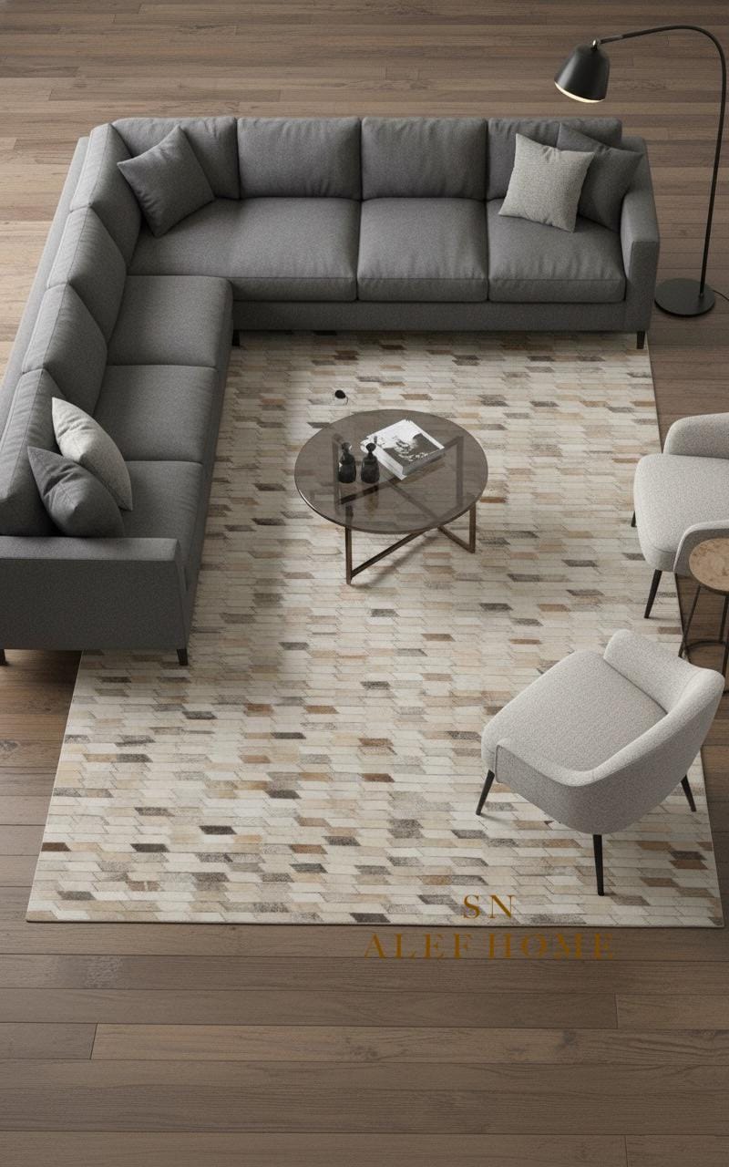 Beige Cowhide Patchwork Rug – Modern Geometric Hair-On Leather Carpet for Home - Alef home