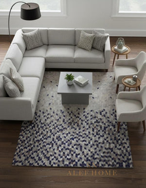 Blue Grey Geometric Cowhide Patchwork  Rug – Handmade Hair-On Leather Carpet for Modern Home - Alef home