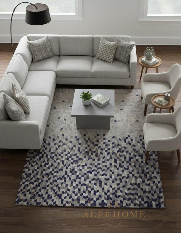 Blue Grey Geometric Cowhide Patchwork  Rug – Handmade Hair-On Leather Carpet for Modern Home - Alef home