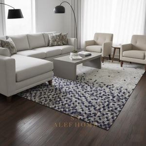 Blue Grey Geometric Cowhide Patchwork  Rug – Handmade Hair-On Leather Carpet for Modern Home - Alef home