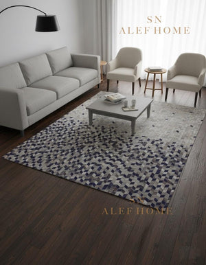 Blue Grey Geometric Cowhide Patchwork  Rug – Handmade Hair-On Leather Carpet for Modern Home - Alef home