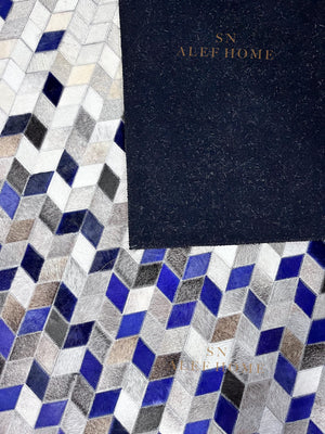 Blue Grey Geometric Cowhide Patchwork  Rug – Handmade Hair-On Leather Carpet for Modern Home - Alef home