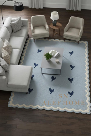Handmade Pastel Blue Wool Rug – Scalloped Leaf Pattern Carpet for Nursery & Kids Room - Alef home