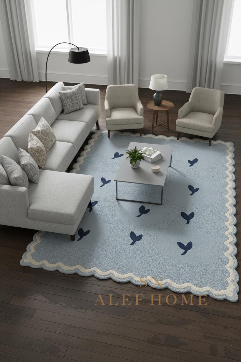 Handmade Pastel Blue Wool Rug – Scalloped Leaf Pattern Carpet for Nursery & Kids Room - Alef home