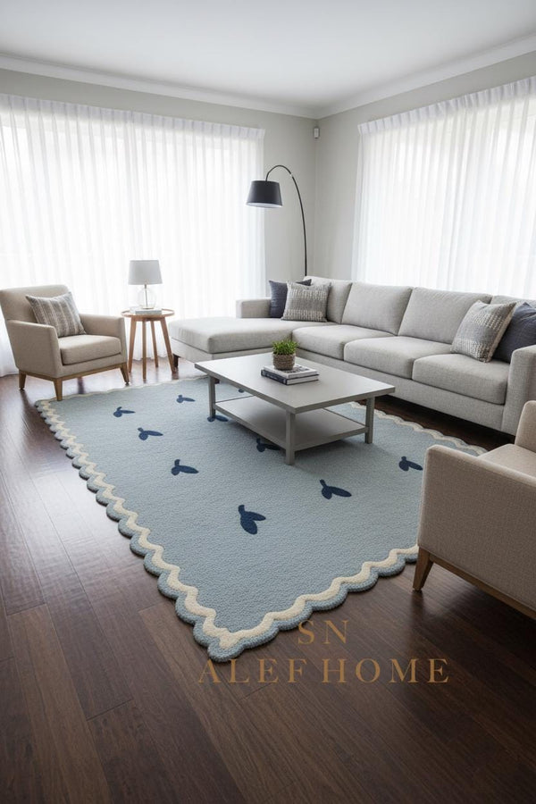 Handmade Pastel Blue Wool Rug – Scalloped Leaf Pattern Carpet for Nursery & Kids Room - Alef home
