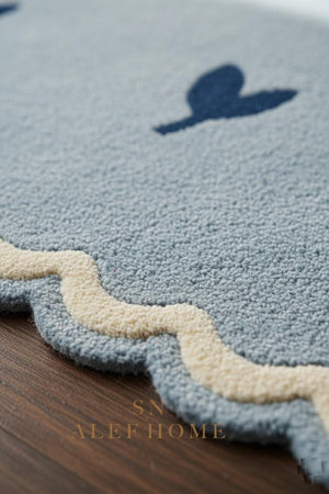 Handmade Pastel Blue Wool Rug – Scalloped Leaf Pattern Carpet for Nursery & Kids Room - Alef home