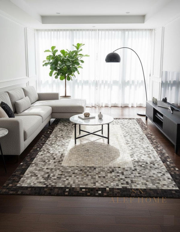 Modern Grey Cowhide Patchwork Rug – Handmade Hair-On Leather Carpet for Living Room - Alef home