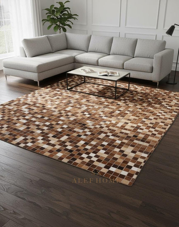 Brown & White Cowhide Patchwork Rug – Handmade Hair-On Leather Carpet for Rustic Home - Alef home