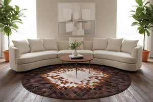 Round Brown Cowhide Patchwork Rug – Handmade Starburst Hair-On Leather Carpet for Modern Home - Alef home