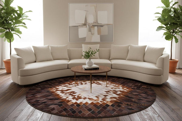 Round Brown Cowhide Patchwork Rug – Handmade Starburst Hair-On Leather Carpet for Modern Home - Alef home