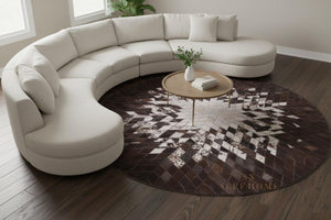 Round Brown Cowhide Patchwork Rug – Handmade Starburst Hair-On Leather Carpet for Home - Alef home