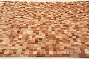 Tan Brown Cowhide Patchwork Rug – Handmade Hair-On Leather Mosaic Carpet for Rustic Home - Alef home