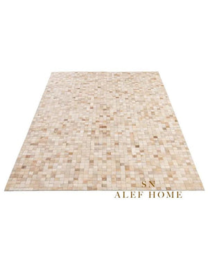 Beige Cowhide Patchwork Rug – Handmade Hair-On Leather Mosaic Carpet for Modern Home - Alef home
