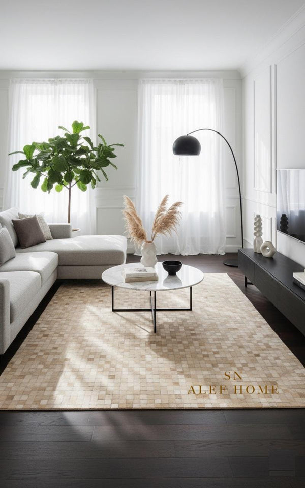 Beige Cowhide Patchwork Rug – Handmade Hair-On Leather Mosaic Carpet for Modern Home - Alef home