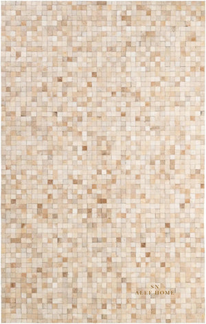 Beige Cowhide Patchwork Rug – Handmade Hair-On Leather Mosaic Carpet for Modern Home - Alef home