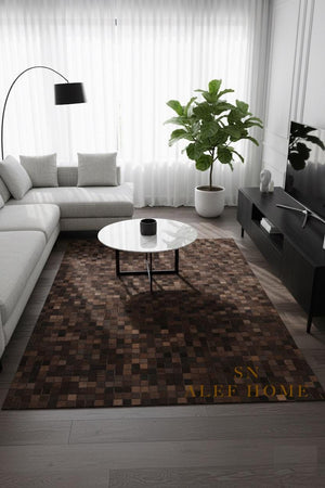 Dark Brown Cowhide Patchwork Rug – Handmade Mosaic Design Hair-On Leather  Carpet - Alef home