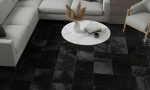 Luxury Black Cowhide Area Rug – Patchwork Hair-On Leather Carpet for Dining Spaces - Alef home