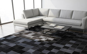 Luxury Black Cowhide Area Rug – Patchwork Hair-On Leather Carpet for Dining Spaces - Alef home