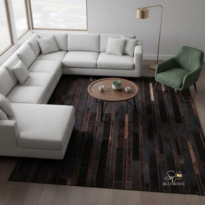 Dark Brown Striped Cowhide Patchwork Rug – Handmade Hair-On Leather Carpet for Home Décor - Alef home