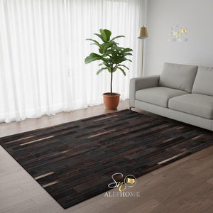 Dark Brown Striped Cowhide Patchwork Rug – Handmade Hair-On Leather Carpet for Home Décor - Alef home