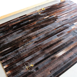 Dark Brown Striped Cowhide Patchwork Rug – Handmade Hair-On Leather Carpet for Home Décor - Alef home