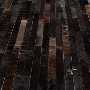 Dark Brown Striped Cowhide Patchwork Rug – Handmade Hair-On Leather Carpet for Home Décor - Alef home