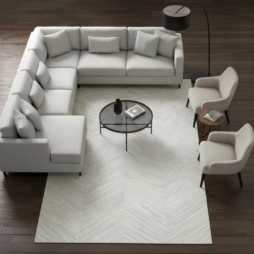 Beige Chevron Cowhide Patchwork Rug – Handmade Hair-On Leather Carpet for Home Décor - Alef home