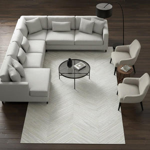 Beige Chevron Cowhide Patchwork Rug – Handmade Hair-On Leather Carpet for Home Décor - Alef home