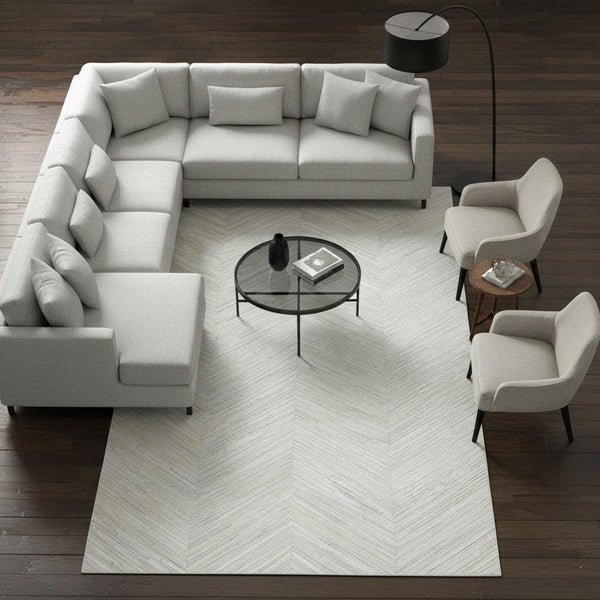 Beige Chevron Cowhide Patchwork Rug – Handmade Hair-On Leather Carpet for Home Décor - Alef home