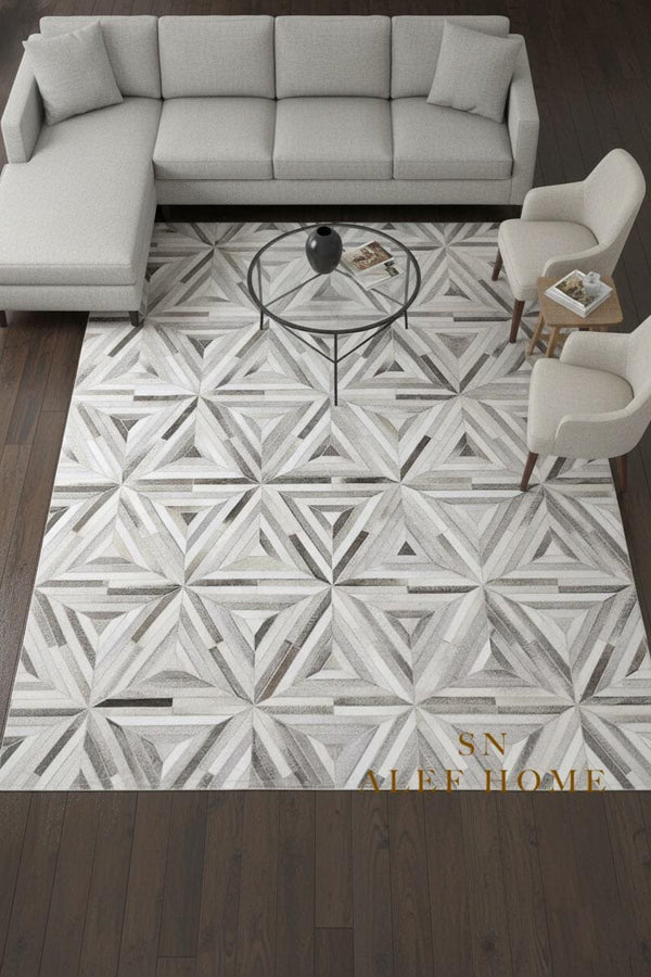 Grey Cowhide Starburst Rug – Handmade Hair-On Leather Patchwork Carpet for Modern Home Décor - Alef home