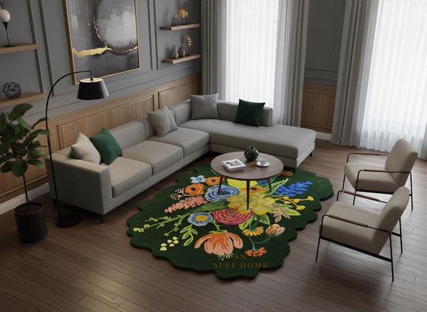 Green Floral Wool Area Rug – Hand-Tufted Cottage core Scalloped Carpet for Home Décor - Alef home