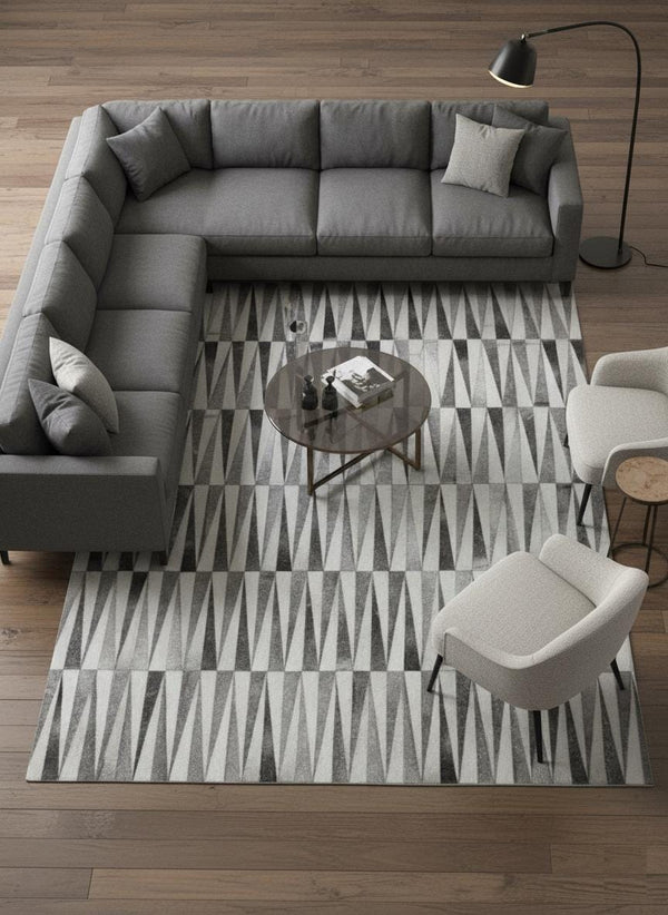 Grey Cowhide Patchwork Rug – Modern Geometric Luxury Hair-On Leather Carpet - Alef home