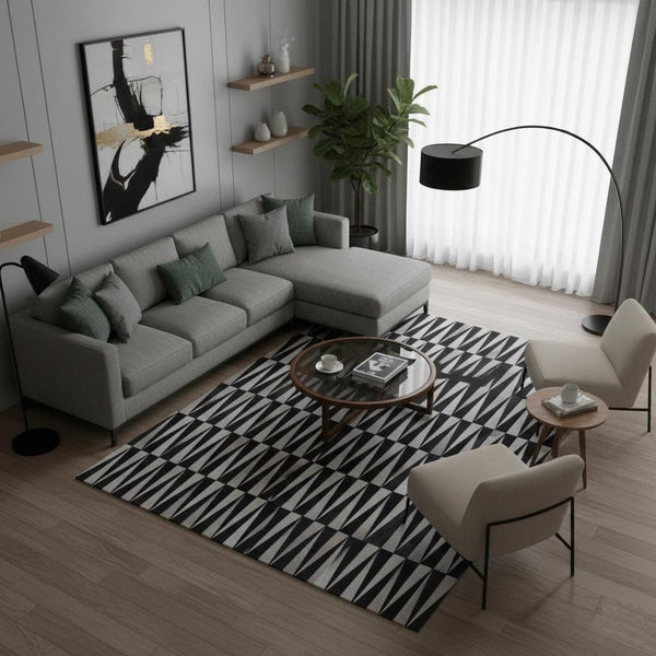 Black & White Cowhide Patchwork Rug – Geometric Luxury Hair-On Leather Carpet - Alef home