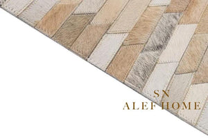 Beige Cowhide Patchwork Rug – Modern Geometric Hair-On Leather Carpet for Home - Alef home