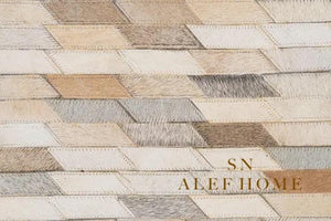 Beige Cowhide Patchwork Rug – Modern Geometric Hair-On Leather Carpet for Home - Alef home