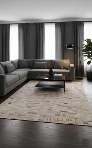 Beige Cowhide Patchwork Rug – Modern Geometric Hair-On Leather Carpet for Home - Alef home