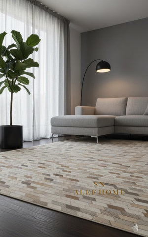 Beige Cowhide Patchwork Rug – Modern Geometric Hair-On Leather Carpet for Home - Alef home