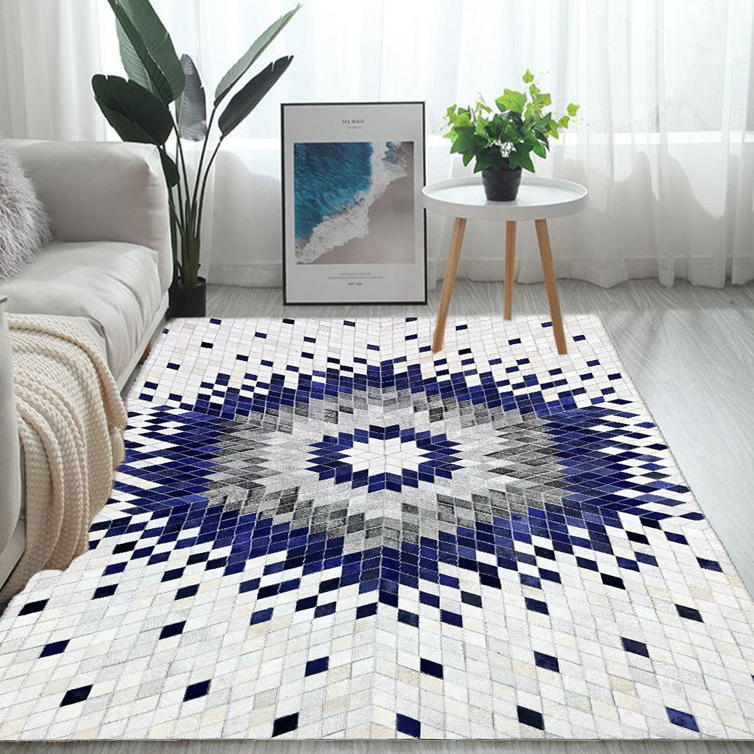 CHEVRON DESIGN BLUE/WHITE LEATHER RUG