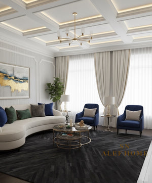 Black Cowhide Patchwork Rug – Handmade Hair-On Leather Geometric Carpet for Modern Luxury Living Room Décor - Alef home