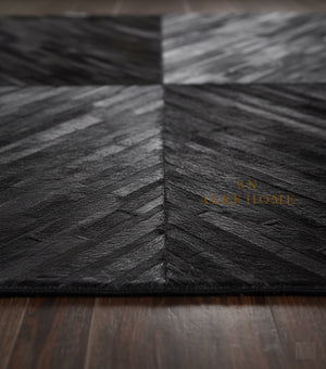 Black Cowhide Patchwork Rug – Handmade Hair-On Leather Geometric Carpet for Modern Luxury Living Room Décor - Alef home