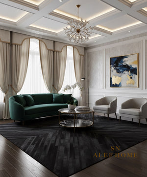 Black Cowhide Patchwork Rug – Handmade Hair-On Leather Geometric Carpet for Modern Luxury Living Room Décor - Alef home