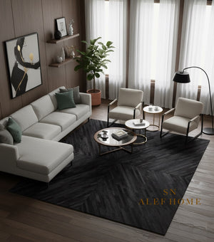 Black Cowhide Patchwork Rug – Handmade Hair-On Leather Geometric Carpet for Modern Luxury Living Room Décor - Alef home