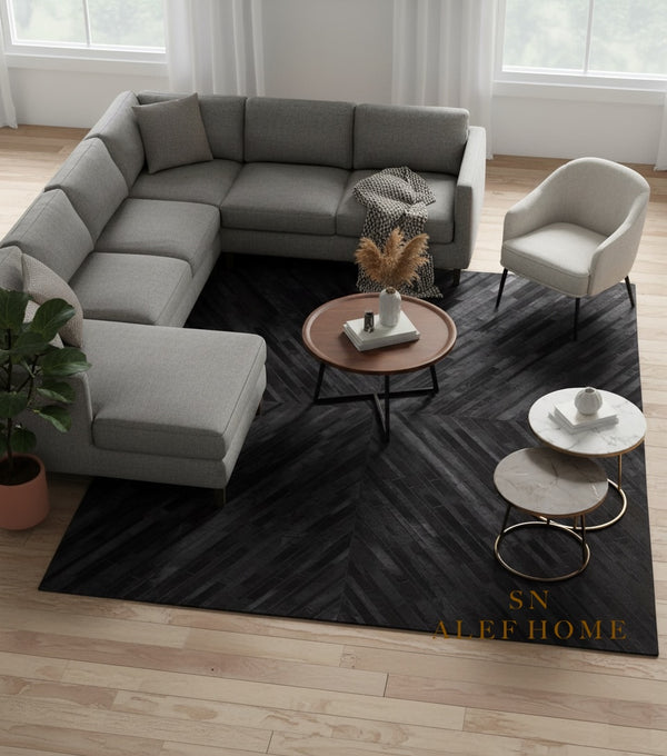 Black Cowhide Patchwork Rug – Handmade Hair-On Leather Geometric Carpet for Modern Luxury Living Room Décor - Alef home