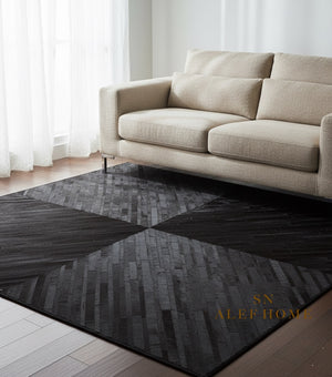 Black Cowhide Patchwork Rug – Handmade Hair-On Leather Geometric Carpet for Modern Luxury Living Room Décor - Alef home