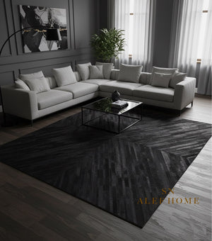Black Cowhide Patchwork Rug – Handmade Hair-On Leather Geometric Carpet for Modern Luxury Living Room Décor - Alef home